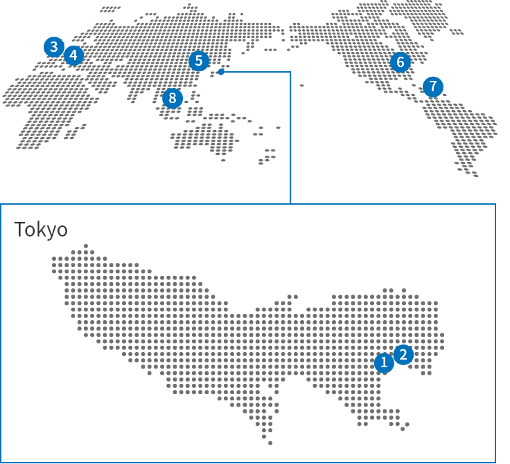 Overseas Office and Group Companies Map:NTT Finance UK Limited is in London, UK, NTT Finance Germany GmbH is in Düsseldorf, Germany, Cosmos Posts and Telecommunications International Leasing is in Beijing, China, NTT Finance Americas is in Delaware, USA, NTT Finance Israel L.P. is in British Virgin Islands, NTT FINANCE Singapore Branch is in Singapore, NTT TC Leasing is in Minato-ku, Tokyo, and NTT Global Data Centers is in Chiyoda-ku, Tokyo.