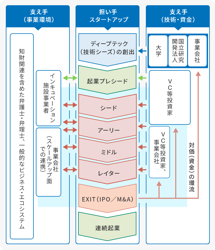 左:支え手 (事業環境) の説明。知財関連を含めた弁護士・弁理士、一般的なビジネス・エコシステム インキュベーション 施設事業者 事業会社 (スケールアップ面での連携) 。中央:担い手 スタートアップの説明。ディープテック (技術シーズ)の創出→起業プレシード→シード→アーリー→ミドル→レイター→EXIT (IPO/M&A)→連続起業。右:支え手 (技術・資金) の説明。大学、開発法人 国立研究、事業会社/VC等投資家/VC等投資家、事業会社に対し対価(資金)の環流。当社が関与している部分はインキュベーション 施設事業者、事業会社 (スケールアップ面での連携)、シード、アーリー、ミドル、レイター、EXIT (IPO/M&A)、VC等投資家/VC等投資家、事業会社