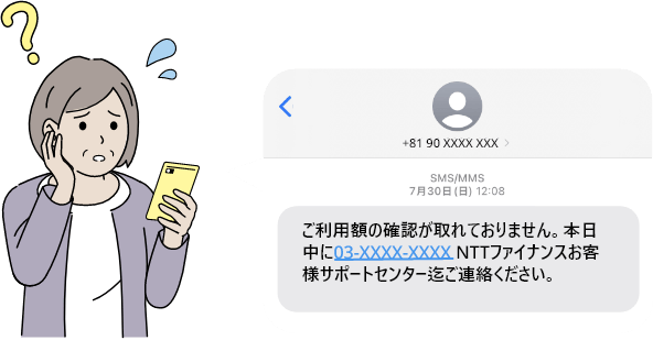 高齢女性に「ご利用額の確認が取れておりません。本日中に03-XXXX-XXXX NTTファイナンスお客様サポートセンター迄ご連絡ください。」と書かれたSMSが来ている様子のイメージイラスト