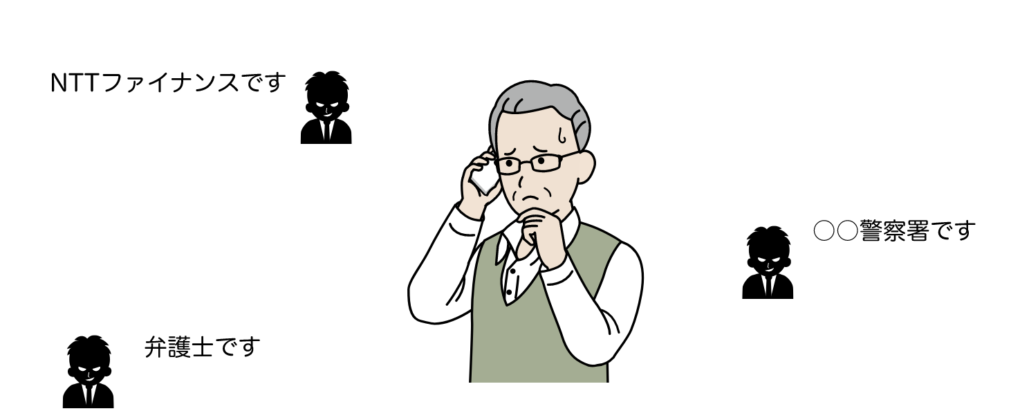 高齢男性に複数の詐欺集団が立て続けに連絡してくる様子のイメージイラスト
